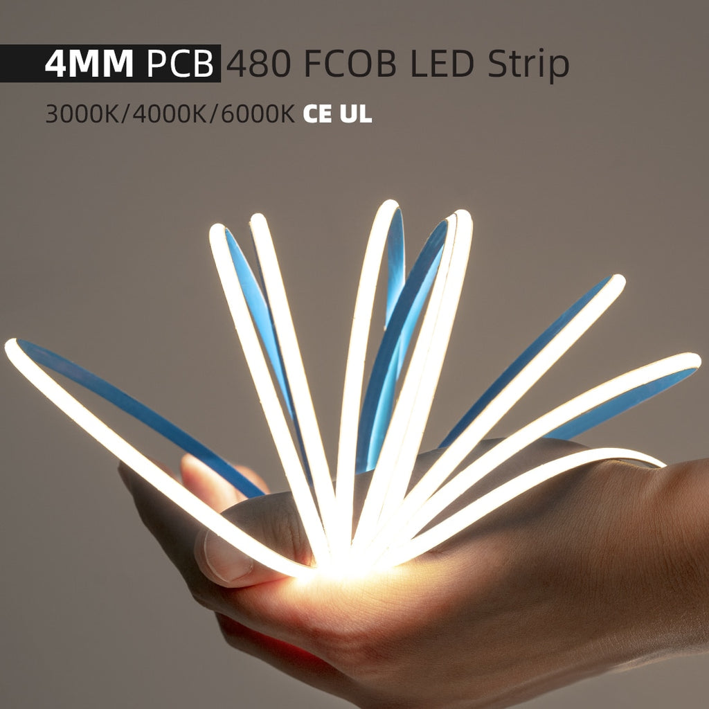 FCOB COB FOB LED Light Strip 480LEDs 4mm High Density Light Linear Ribbon 3000K 4000K 6000K Dimmable 12V 24V