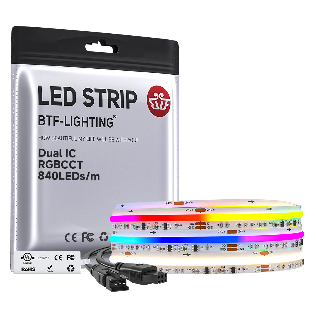 LED strip with packaging labeled 'BTF-Lighting' on a white background