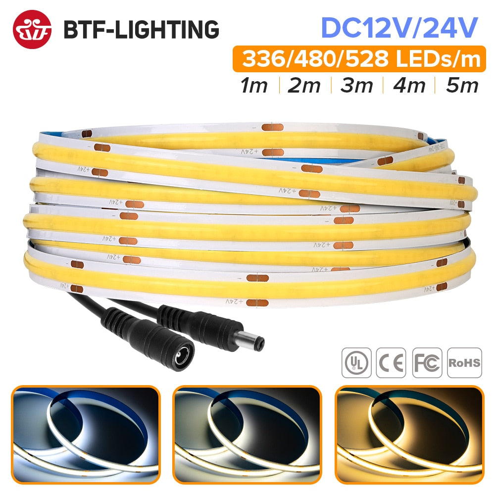 FCOB 12V 24V LED Strip 336 480 528 LED High Density Flexible Warm Nature Cool White Linear Dimmable FOB COB Led Light RA90