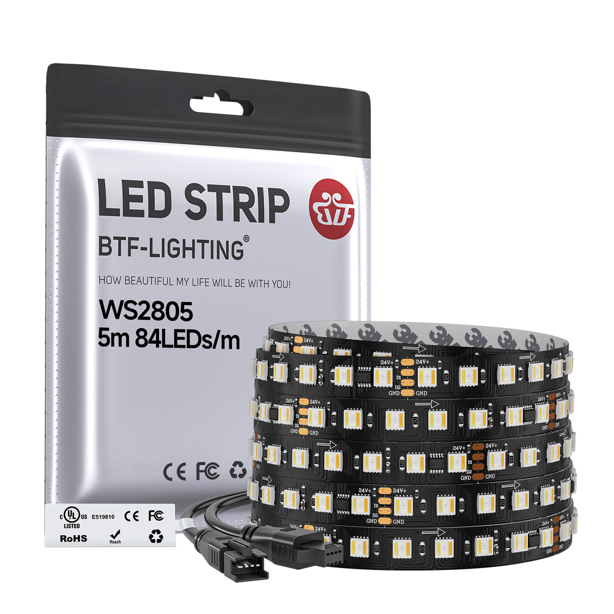 LED strip with packaging labeled 'BTF-Lighting' on a white background
