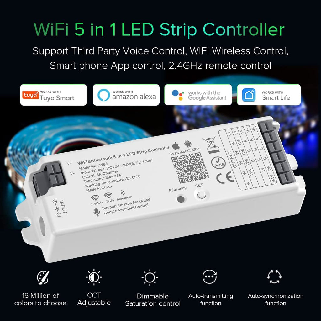 BTF-LIGHTING 5in1 WB5 2.4GHz WiFi LED Controller Compatible with Alexa Google Home Smart Life APP/Tuya Smart APP Control for Monochrome RGB RGBW WW+CW RGBCCT LED Strip