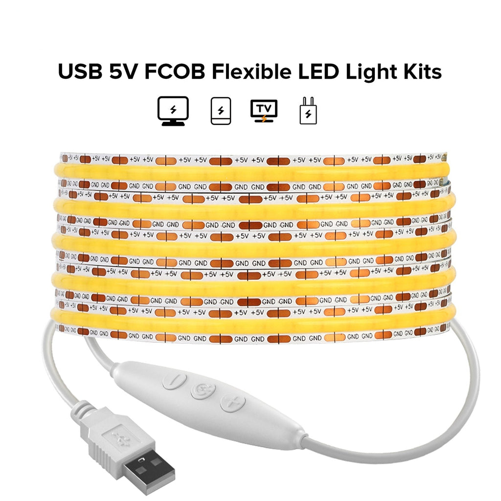 DC5V USB FCOB LED Light Strip 8mm PCB 320 LEDs FOB COB RA90 Flexible from 3000K to 6000K Linear Dimmable