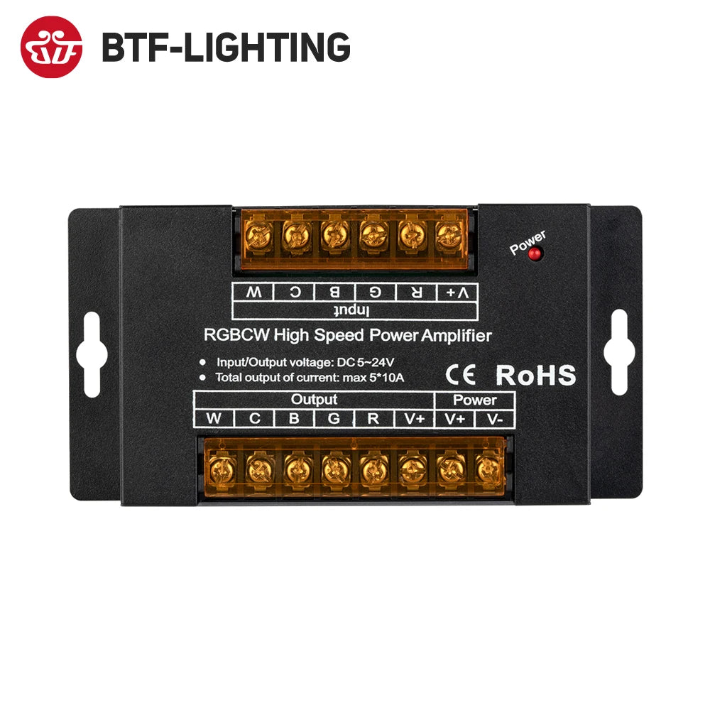 LED RGBCCT 5CH Aluminum Amplifier High Speed Max 50A 1200W for FCOB 3528 5050 DIM CCT RGB RGBW LED Lights Strip 5-24V