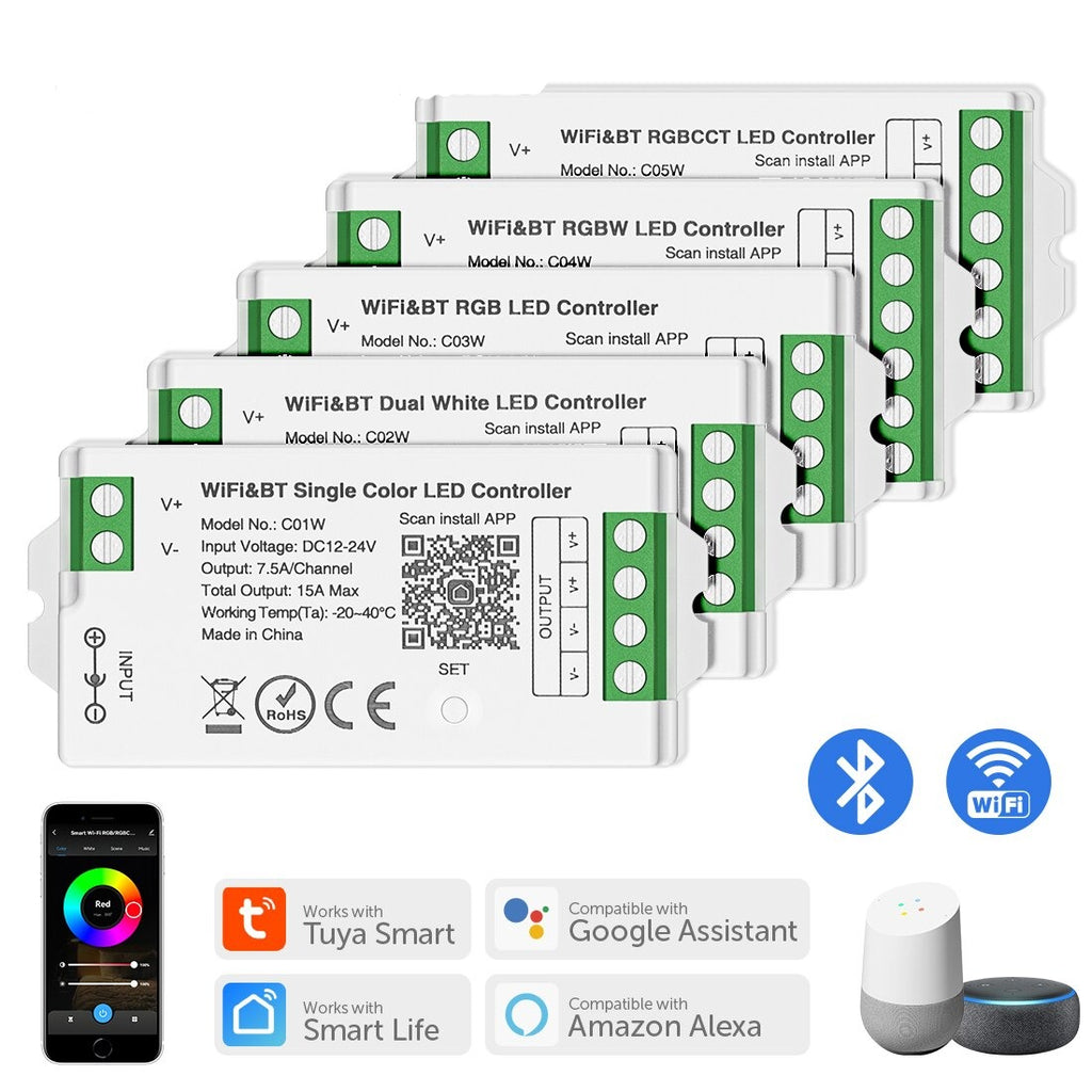 Wi-Fi / Bluetooth RGB LED Controller - Alexa / Google Assistant /  Smartphone Compatible - 12-24 VDC