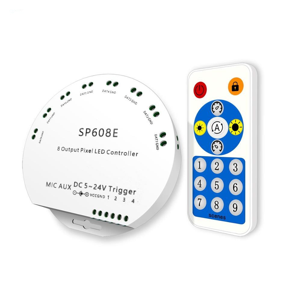 SP608E WS2812B Music Controller 8 CH Signal Output WS2811 WS2815 LED Light Strip Built In Mic IOS Android Bluetooth App DC5V-24V